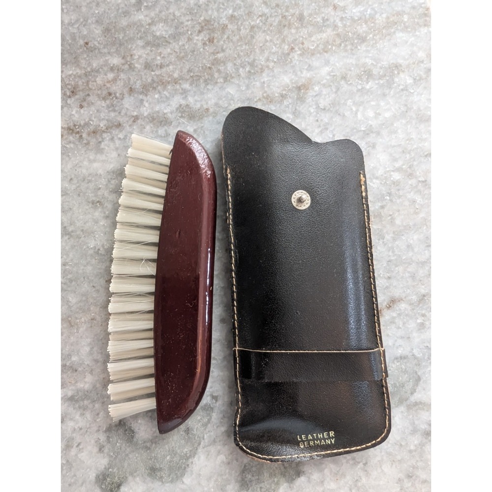 Black Leather‎ Pouch With Snap, Made In Germany With A Small Bristle Brush
